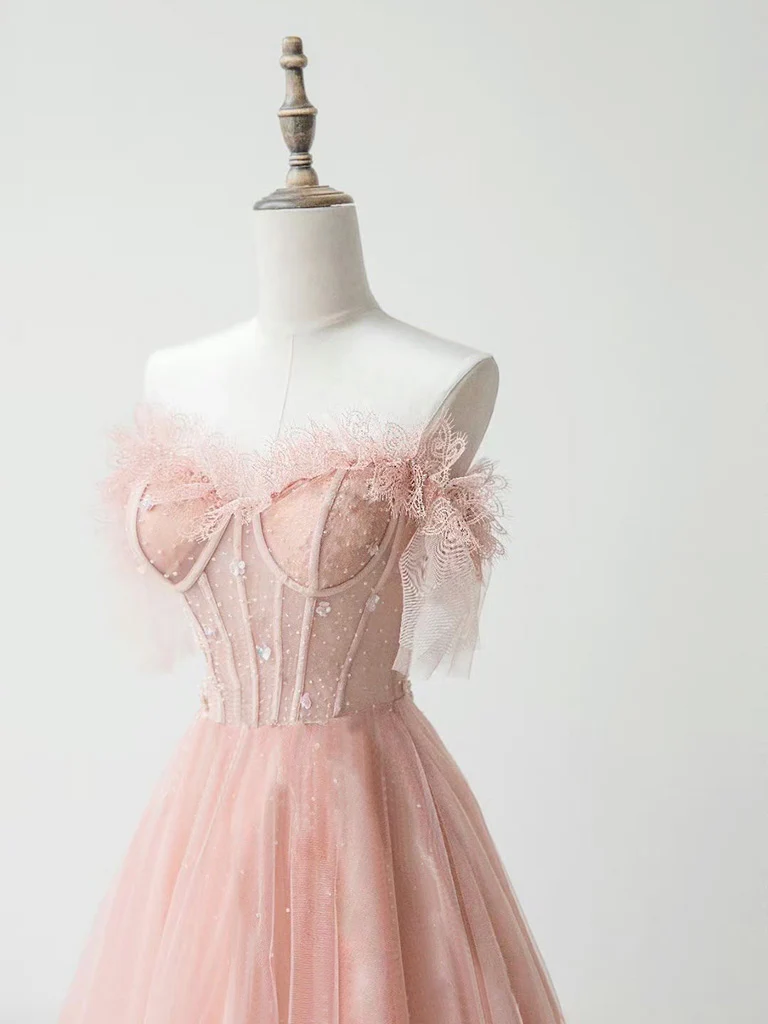 Sweet Princess Pink A-Line Square Neck Tulle Long Prom Dress Evening Dress cc5478 main image 0