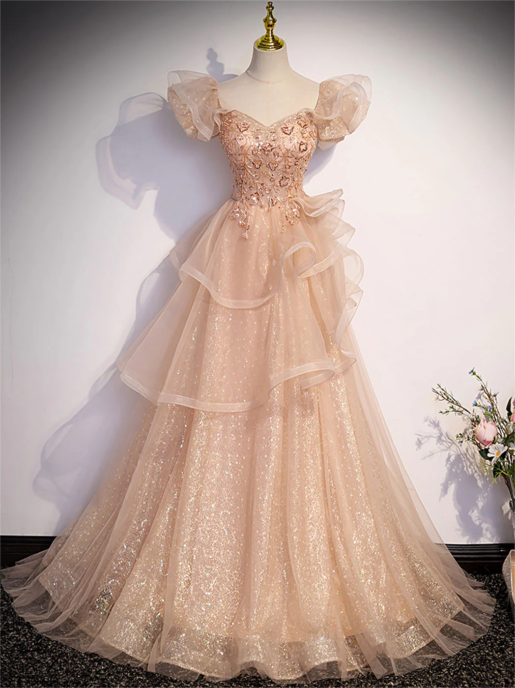 champagne a line dress Champagne Gold Off-shoulder Lace Top A-line Side-slit Long Prom Dress, –  SposaBridal main image 1