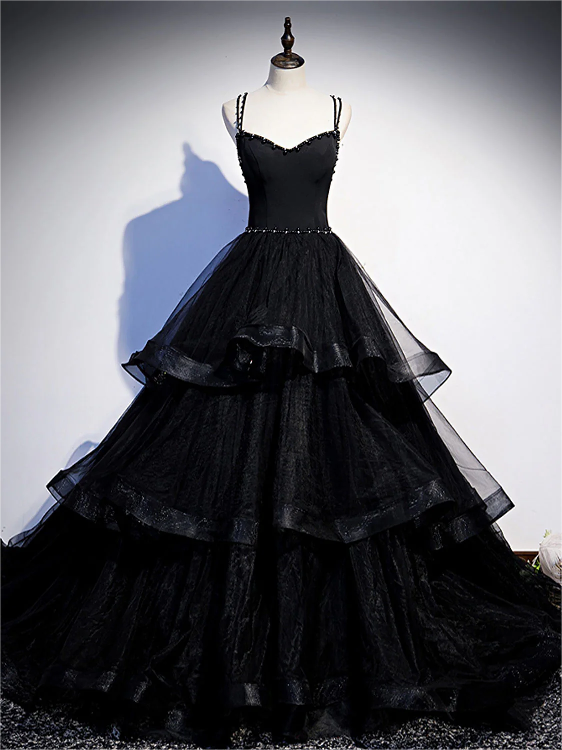Prom Dresses,black V Neck Tulle Long Prom Dress, Black Formal Graduation Dress With Beading