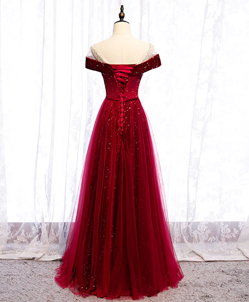Prom Dresses,burgundy Round Neck Tulle Sequin Long Prom Dress Tulle ...