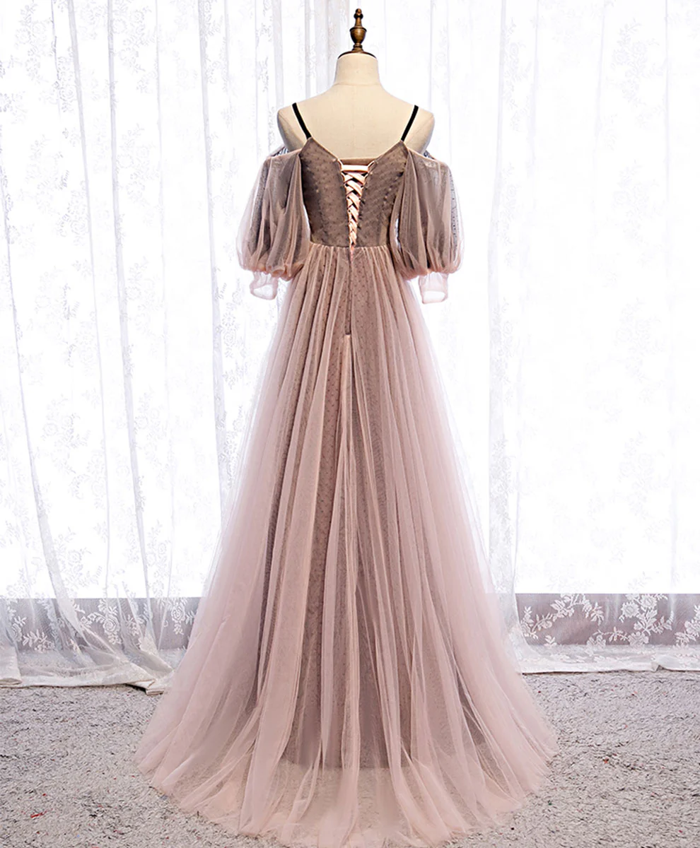 Pink V-neckline Beaded Tulle Long Formal Dresses, Dark Pink Junior Prom Dresses