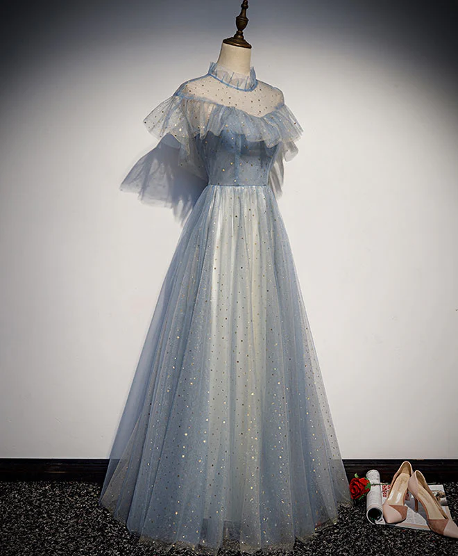 gray blue prom dress V Neck Ruffles Long Organza Evening Dress PSK016 US0 / Custom Color Customized service and Rush order are available. A-Line V Neck Tulle Lace