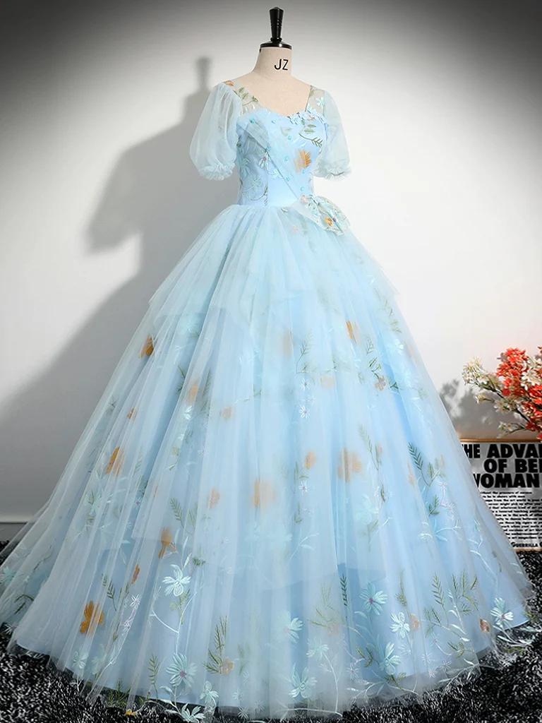 V Neck Blue Lace Tulle Prom Dress Graduation Dress 17th Birthday Dress main image 0