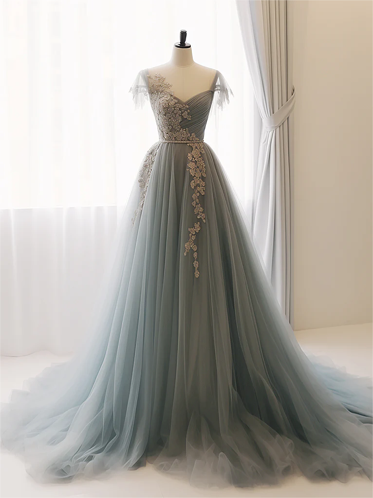 Prom Dresses,a-line Sweetheart Neck Tulle Lace Gray Blue Long Prom Dress, Gray  Blue Formal Dress on Luulla