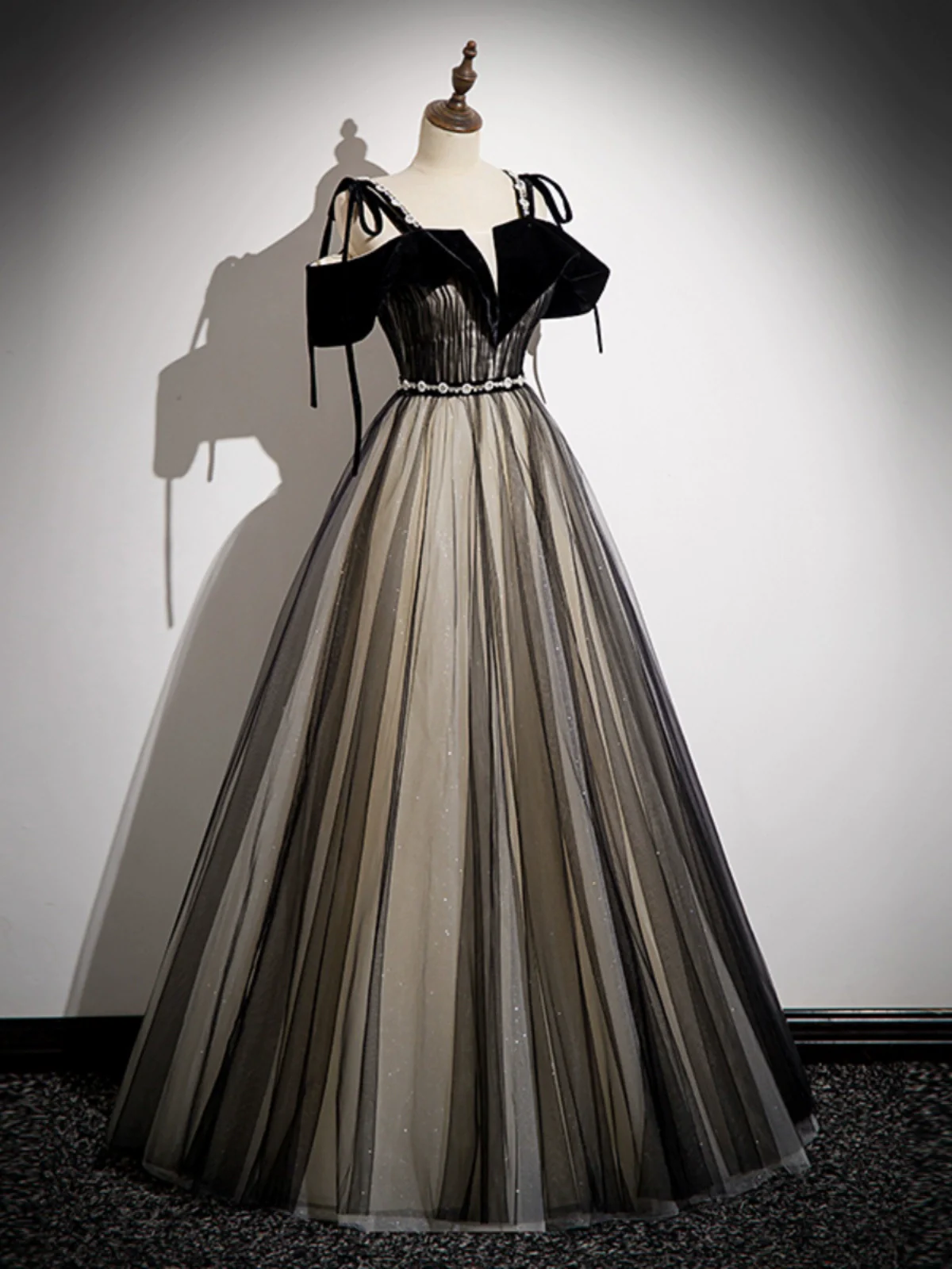 Black Off Shoulder Tulle with Lace Long Formal Dress, Black A-line Prom Dress main image 1
