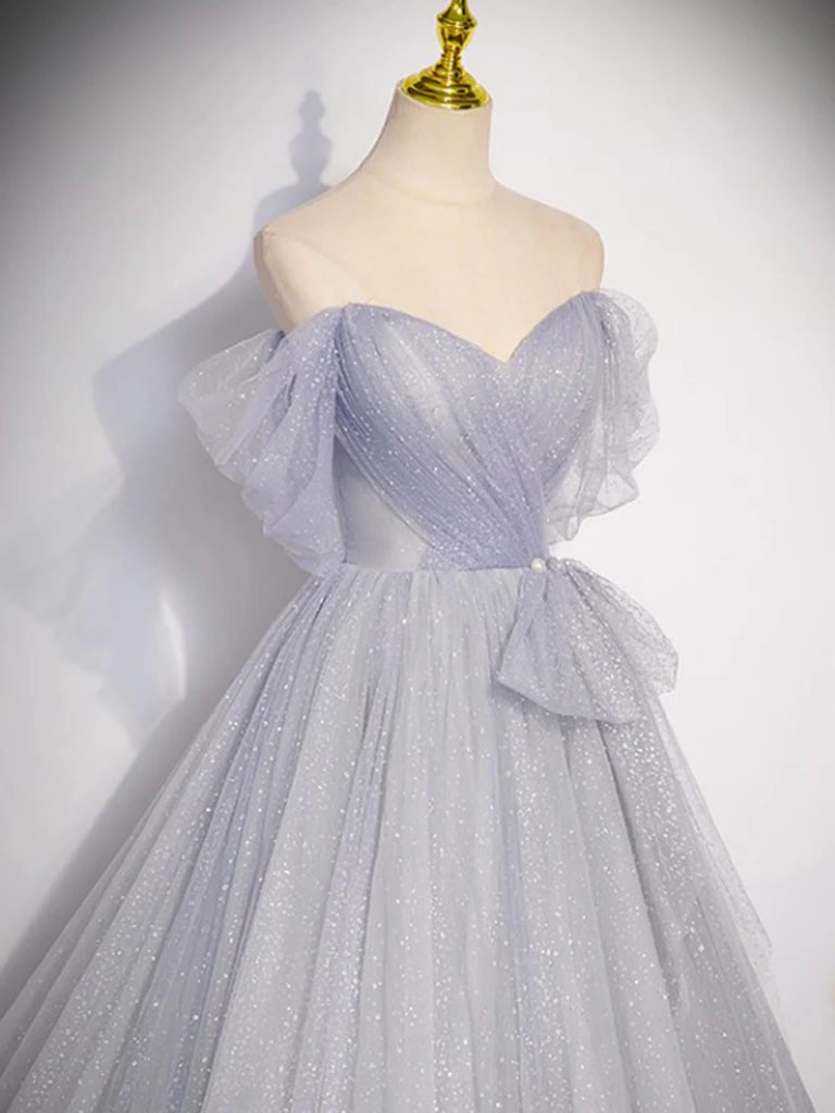 Stunning Gray One Shoulder A Line Prom Dress with Appliques and Ruffles