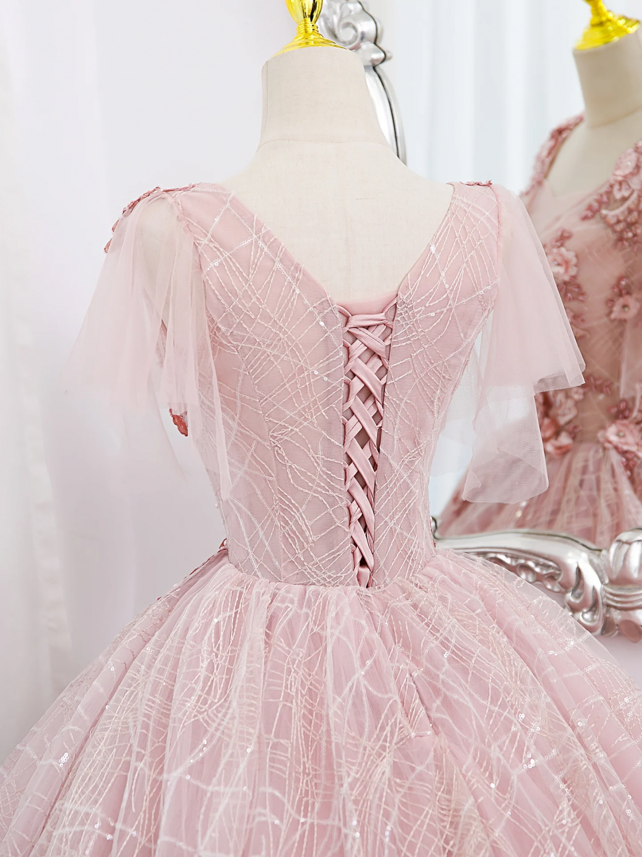 Shiny Pink A-line V-neck Tulle Long Prom Dresses, Pink Sweet 16 Dresses GP371 main image 1
