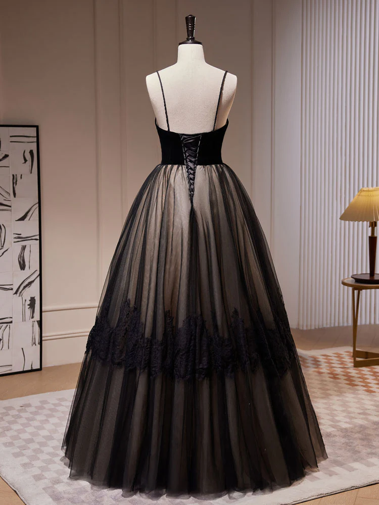 Prom Dresses,black A-line Lace Tulle Long Prom Dresses, Black Lace Formal Evening Dresses