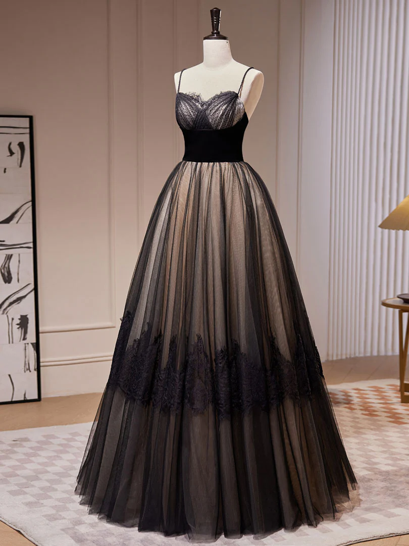 Prom Dresses,black A-line Lace Tulle Long Prom Dresses, Black Lace Formal Evening Dresses