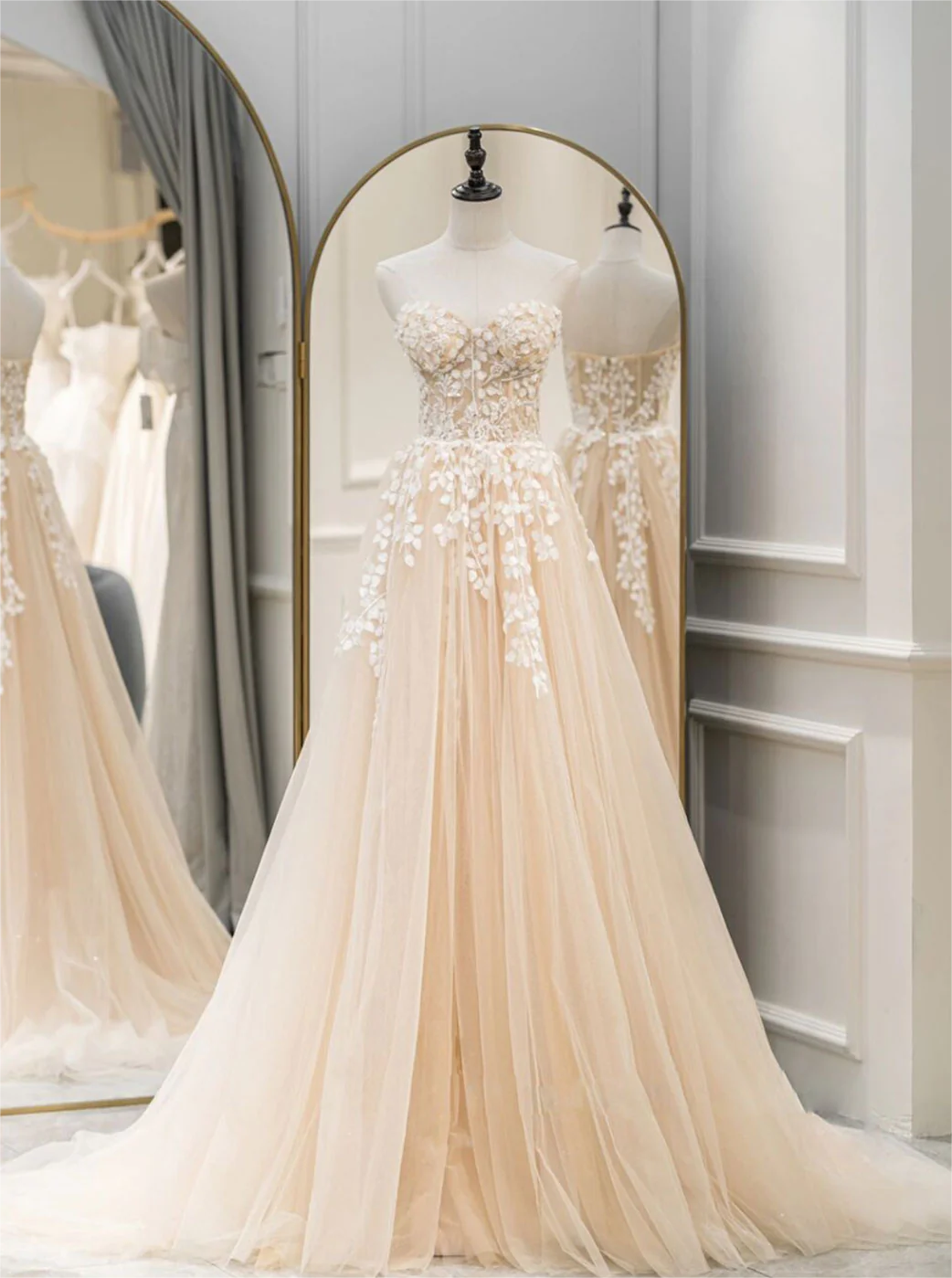Prom Dresses,aline Sweetheart Neck Champagne Long Prom Dresses, Lace Formal Champagne Graduation Dresses