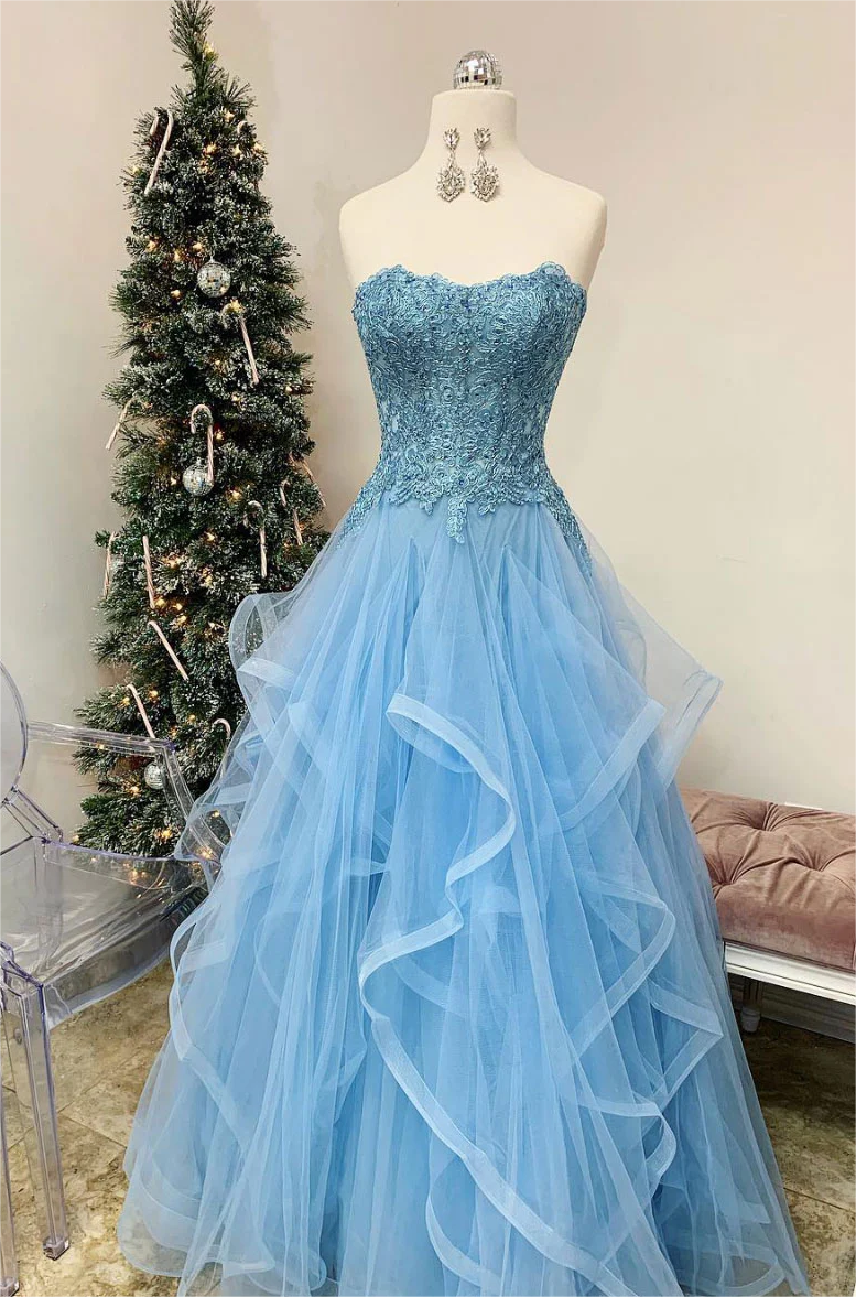 Blue Tulle Sweetheart Long Prom Dress, Blue Tulle Formal Dress main image 1
