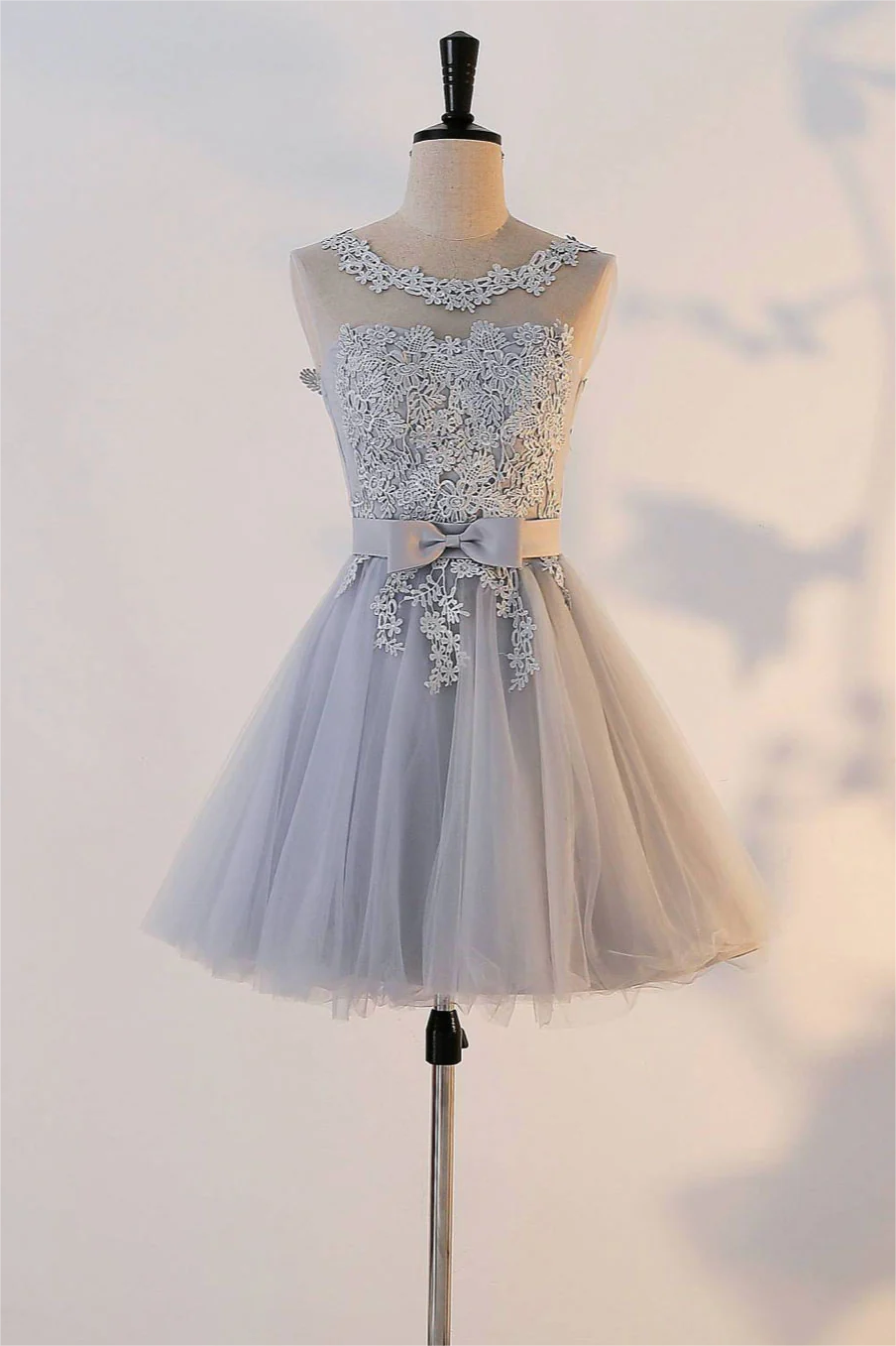 short gray lace dress Round Neck Gray Lace Sequins Short Prom Dresses, Gray Lace Formal Homecoming Dresses, US 14 / Custom Color / No Rush