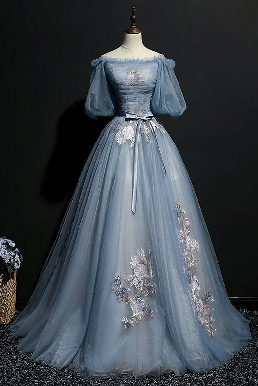 Prom Dresses,unique Gray Blue Tulle Lace Applique Long Prom Dress, Gray Blue Evening Dress Prom Dresses,unique Gray Blue Tulle Lace Applique Long Prom Dress, Gray Blue Evening Dress