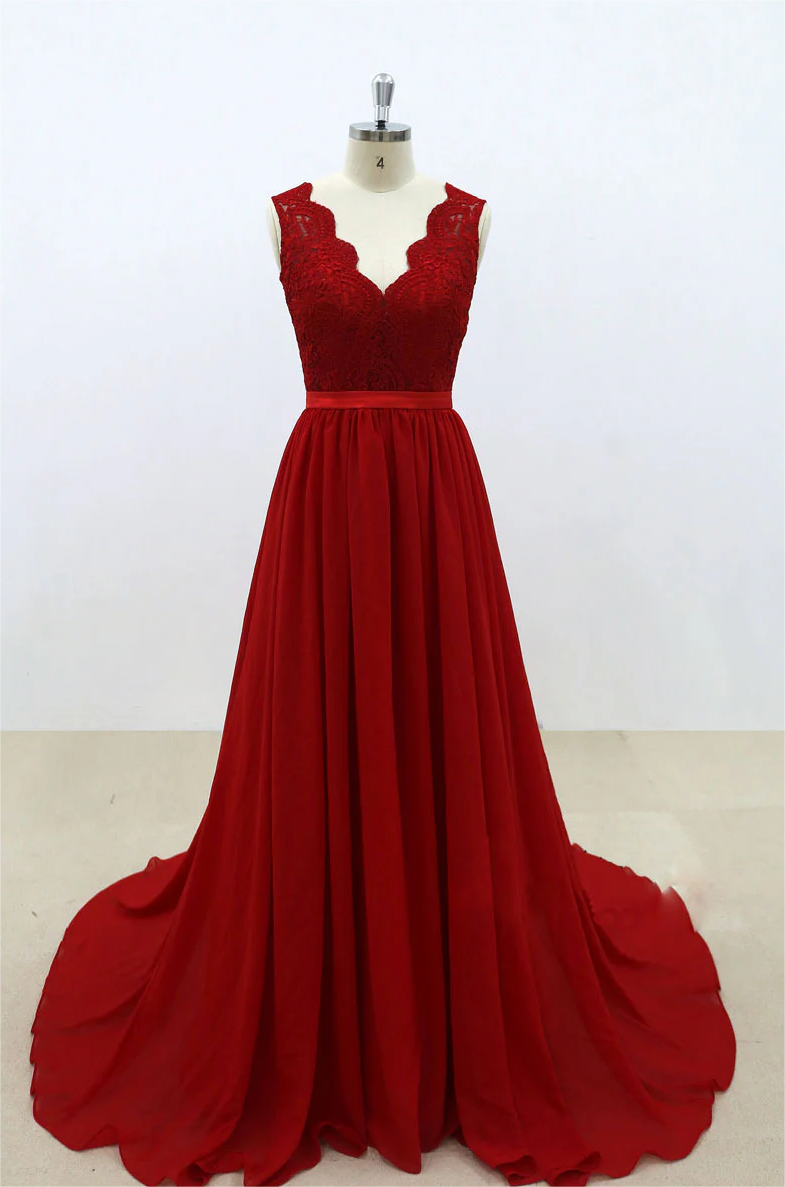 Prom Dresses,burgundy V Neck Lace Chiffon Long Prom Dress, Burgundy  Bridesmaid Dress on Luulla