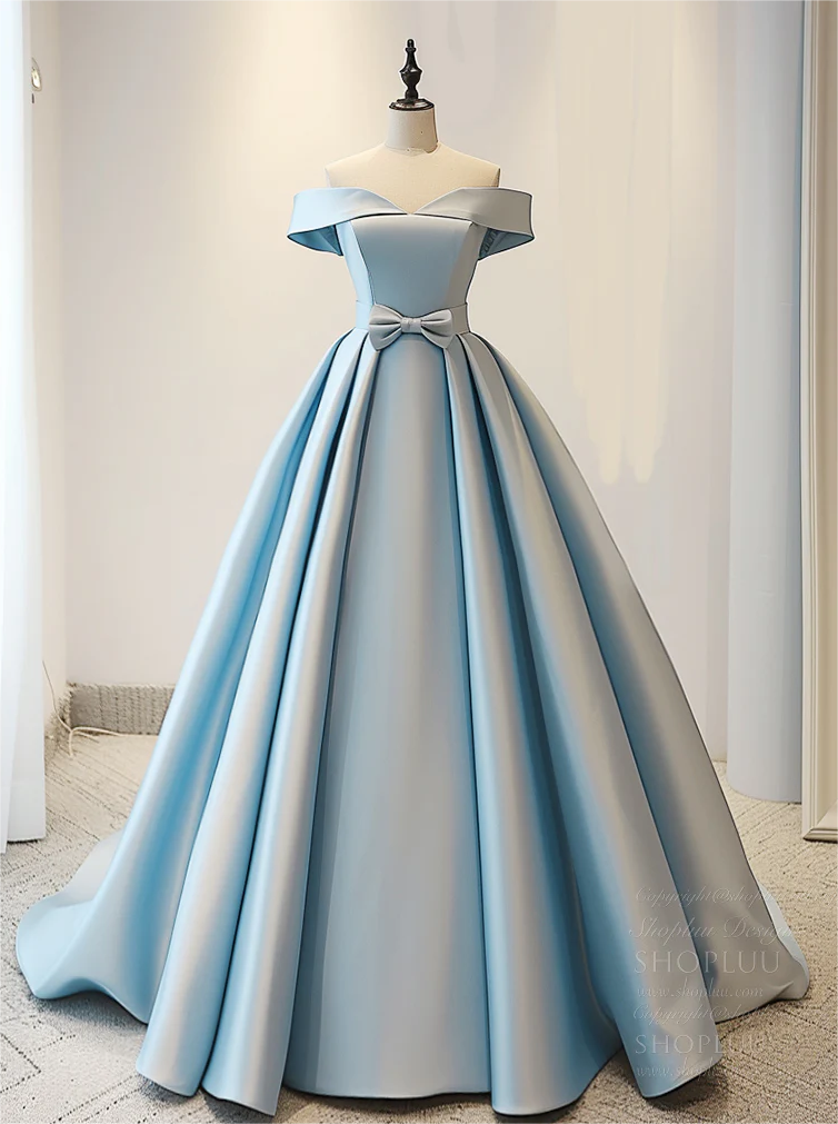 Royal Blue Long A-line Off the Shoulder Satin Prom Dress with Pocktes main image 1