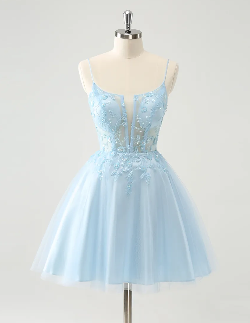 A-line Beaded Flowers Tulle Corset Homecoming Dress Short Prom Dress