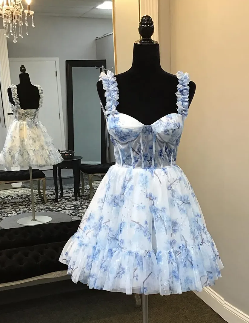 A-line Floral Prints Ruffled Straps Corset Homecoming Dress Short Prom Dress  on Luulla