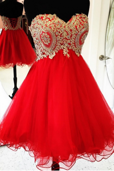 Gold Lace Appliques Short Red Homecoming Dresses 2018 Cocktail Party Dresses Ruffles Tulle Short Dresses