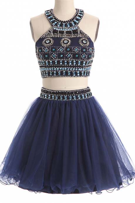Navy Blue Beaded Halter Two Pieces Short Homecoming Dresses Sexy Boho Style Cocktail Party Gowns