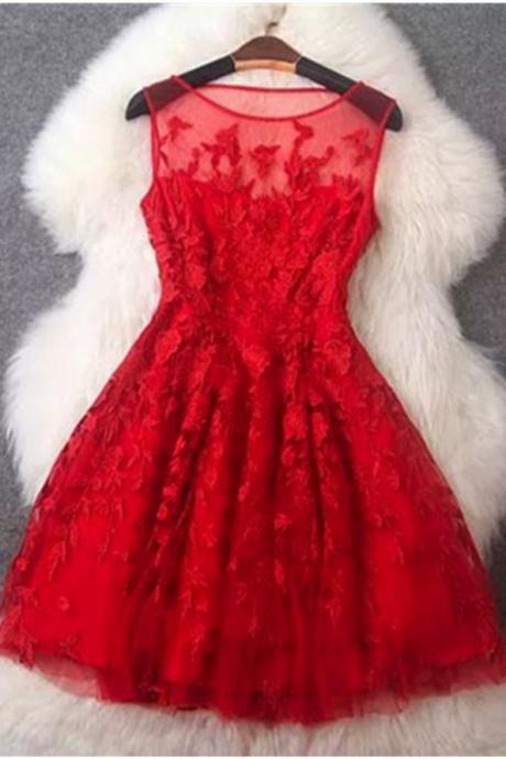 Short Homecoming Dress, Scoop Homecoming Dress,knee-length Homecoming Dress ,red Lace O-neck Handmade Short Cocktail Homecoming Dresses