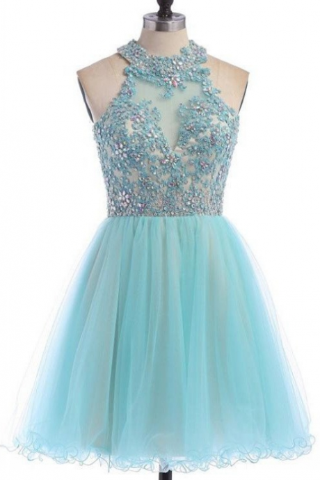 Charming Halter Lace Beading Handmade Short Tulle Homecoming Dresses