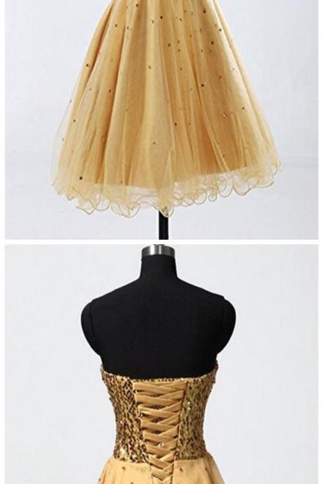 Gold Sweetheart Beaded Backless Back Up Lace Homecoming Dresses