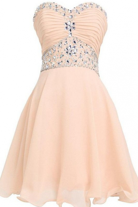Lovely Short Beading Chiffon Strapless Cute Homecoming Dresses For Teens