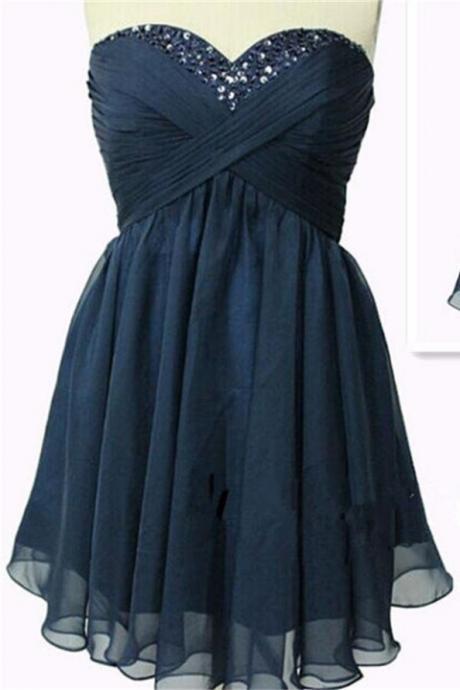 Strapless Navy Blue Chiffon High Low Homecoming Dresses Short Prom Dresses