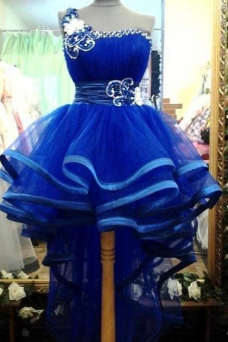 Pretty One Shoulder Royal Blue Tulle Handmade Homecoming Dresses