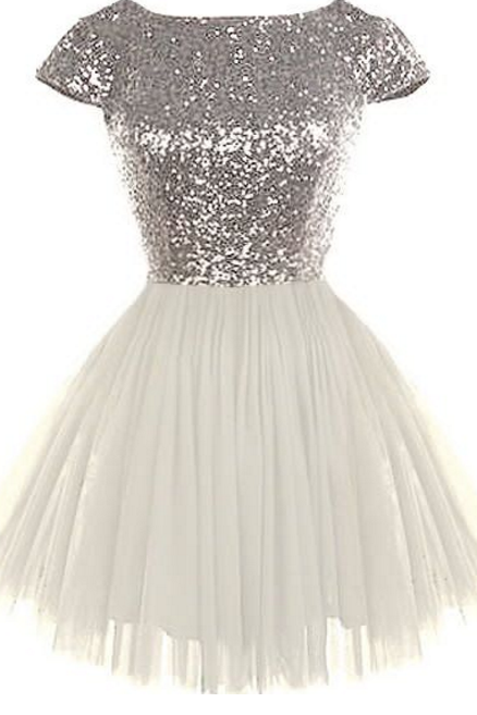 Round Neck Silver Sequin Homecoming Dresses, Cap Sleeve Homecoming Dresses, White Tulle Homecoming Dresses, Charming Homecoming Dresses,