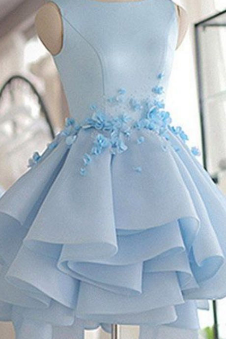 Sky Blue Homecoming Dress,A-line Scoop Neck Prom Dress,Satin Tulle Short Flowers Original Prom Dresses,Mini Dress
