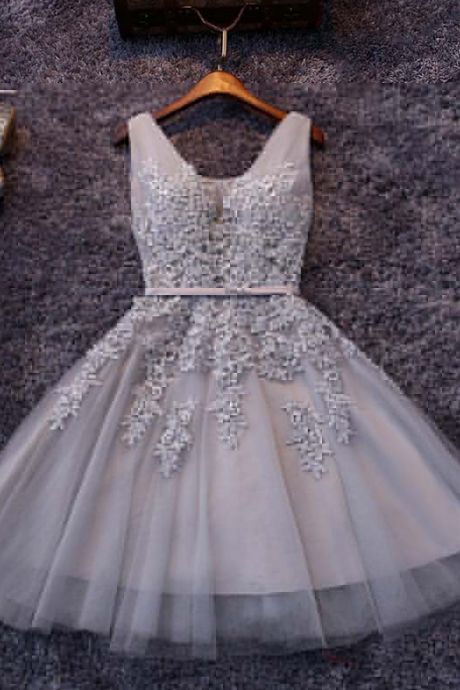 Gray Homecoming Dresses,tulle Homecoming Dresses,appliqued Homecoming Dresses,short Homecoming