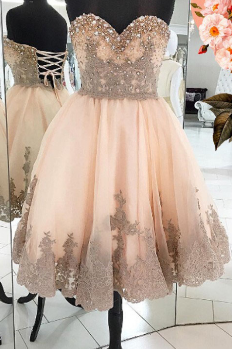 Peach Homecoming Dress with Appliques, Beading Homecoming Dresses,Sweetheart Homecoming Dress,Short 