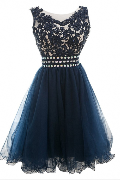 A Line Appliques Beaded Scoop Short Homecoming Dress