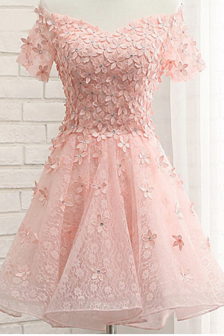 Pink Floral Appliquéd And Beaded Embellished Lace Off-the-shoulder Short Homecoming Dress