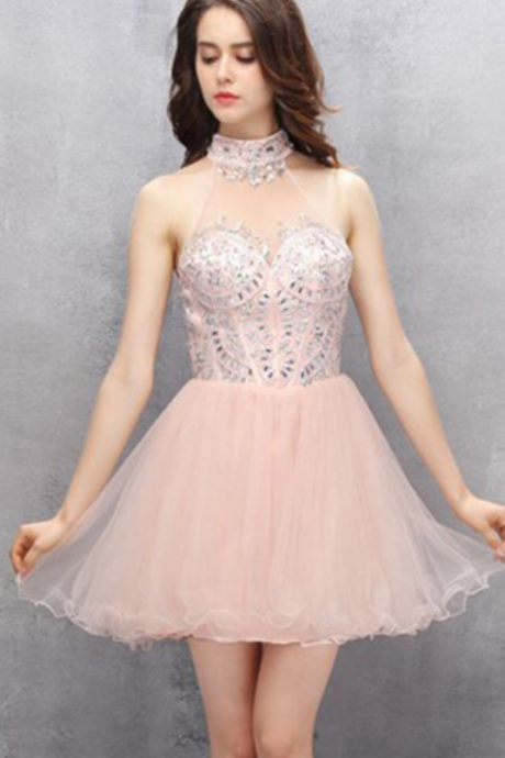 Light Pink Organza Homecoming Dresses, Rhinestone Homecoming Dresses, Open Back Homecoming Dresses,