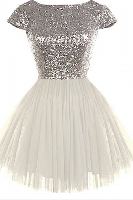 Round Neck Silver Sequin Homecoming Dresses, Cap Sleeve Homecoming Dresses, White Tulle Homecoming Dresses