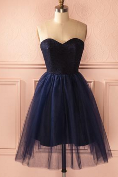 Navy Sweetheart Homecoming Dresses, Tulle Homecoming Dresses, Zip Up Homecoming Dresses, Cute Homecoming