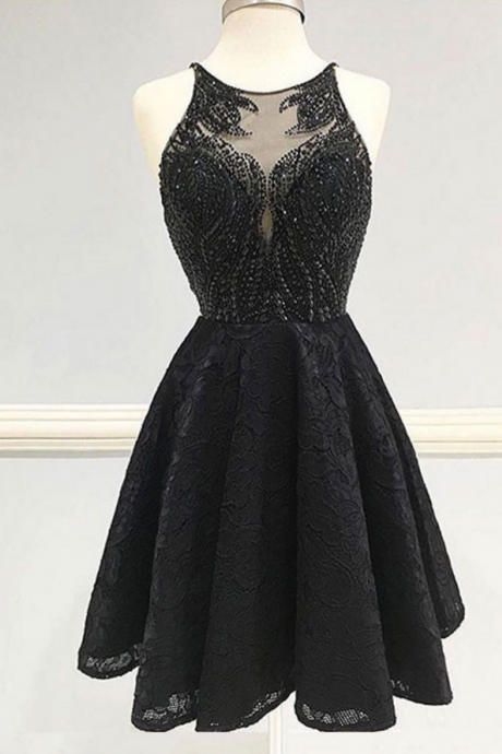Black Beaded Embellished And Lace Halter Neck Short Homecoming Dress Featuring Criss-cross Open Back