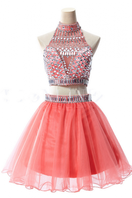 Beaded Embellished Two-Piece Homecoming Dress Featuring High Halter Cropped Top with Cutout Back and Short Tulle Skirt 