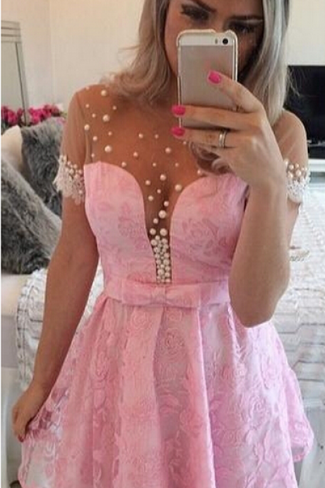 Short Sleeve Homecoming Dress,Pink Pearls Homecoming Dresses