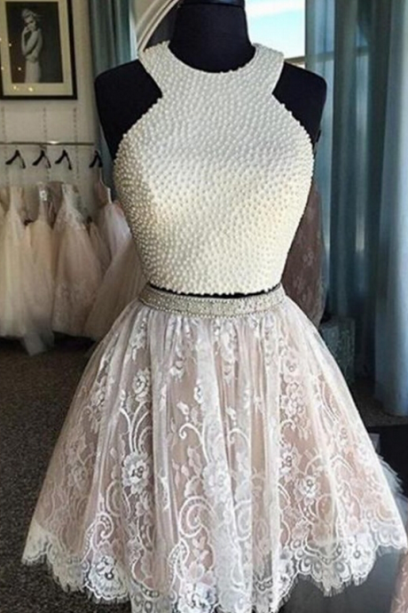 Halter Pearl Beaded Two-piece Lace Short Homecoming Dress, Party Dress, Prom Dress