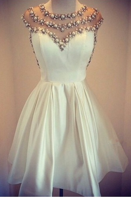 Beaded Sheer Top Homecoming Dress,white Miniskirt Pearls Homecoming Dresses