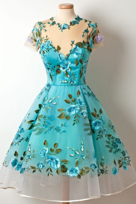 Short Sleeved Sheer Floral Embroidered Short Homecoming Dress, Formal Dress