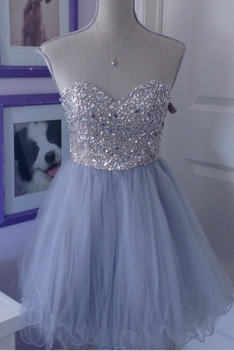 Gray Off Shoulder Crystal Tulle Homecoming Dress,short Homecoming Dresses