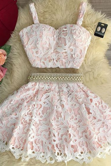 Fashion Two Piece A-Line Spaghetti Straps Lace Homecoming Dress With Beading