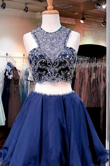 Two Pieces Navy Homecoming Dresses, Luxury Rhinestone Homecoming Dresses, Navy Homecoming Dresses, Popular