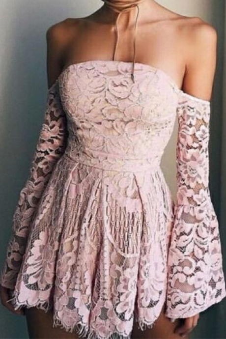 Fashion A-Line Off-The-Shoulder Long Sleeves Lace Short Homecoming Dress