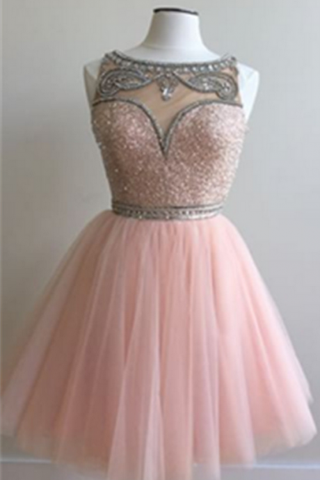 Pink A-line Beaded Tulle Homecoming Dresses,Modest Short Prom Dresses,Party Dresses