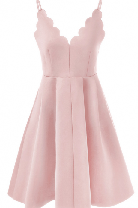 Simple A-Line Spaghetti Straps Pink Satin Short Homecoming Dress With Pleats